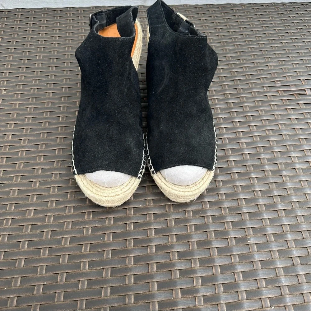 New GAP Black Suede Leather Espadrille Raffia Wedge Sandals, Size 11, Open Toe